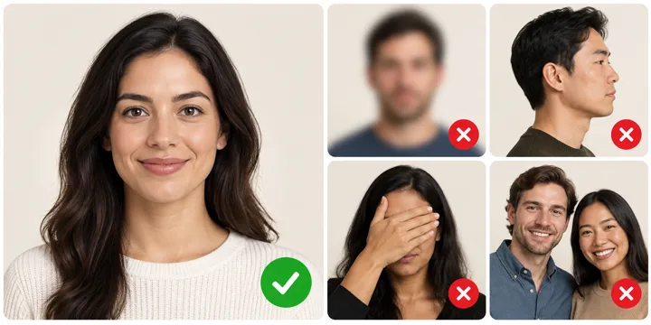 Doğru fotoğraf: önden, net ve tek kişilik. Uygun olmayan örnekler: bulanık, yandan çekilmiş, yüzü kapalı veya çok kişili fotoğraflar.
